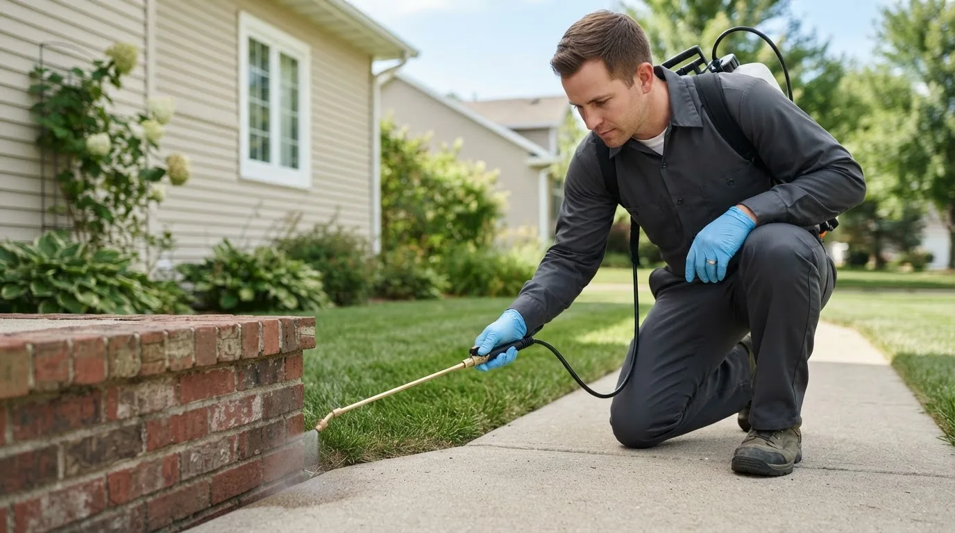 Pest control technician treating a home near Elberta, AL